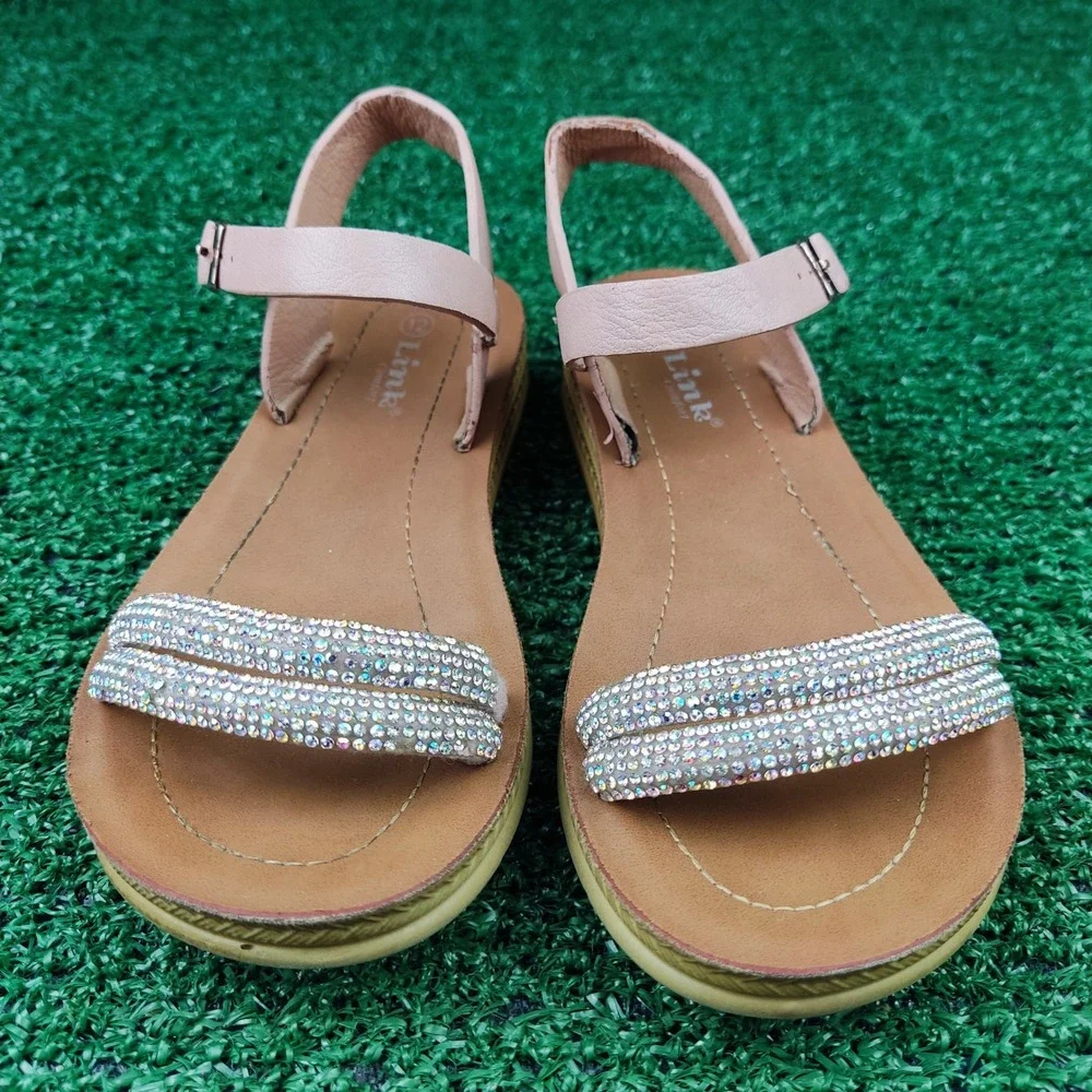 Link Sandals Girls 12 Pink Rhinestone Comfort Ankle Strap Platform Sparkle